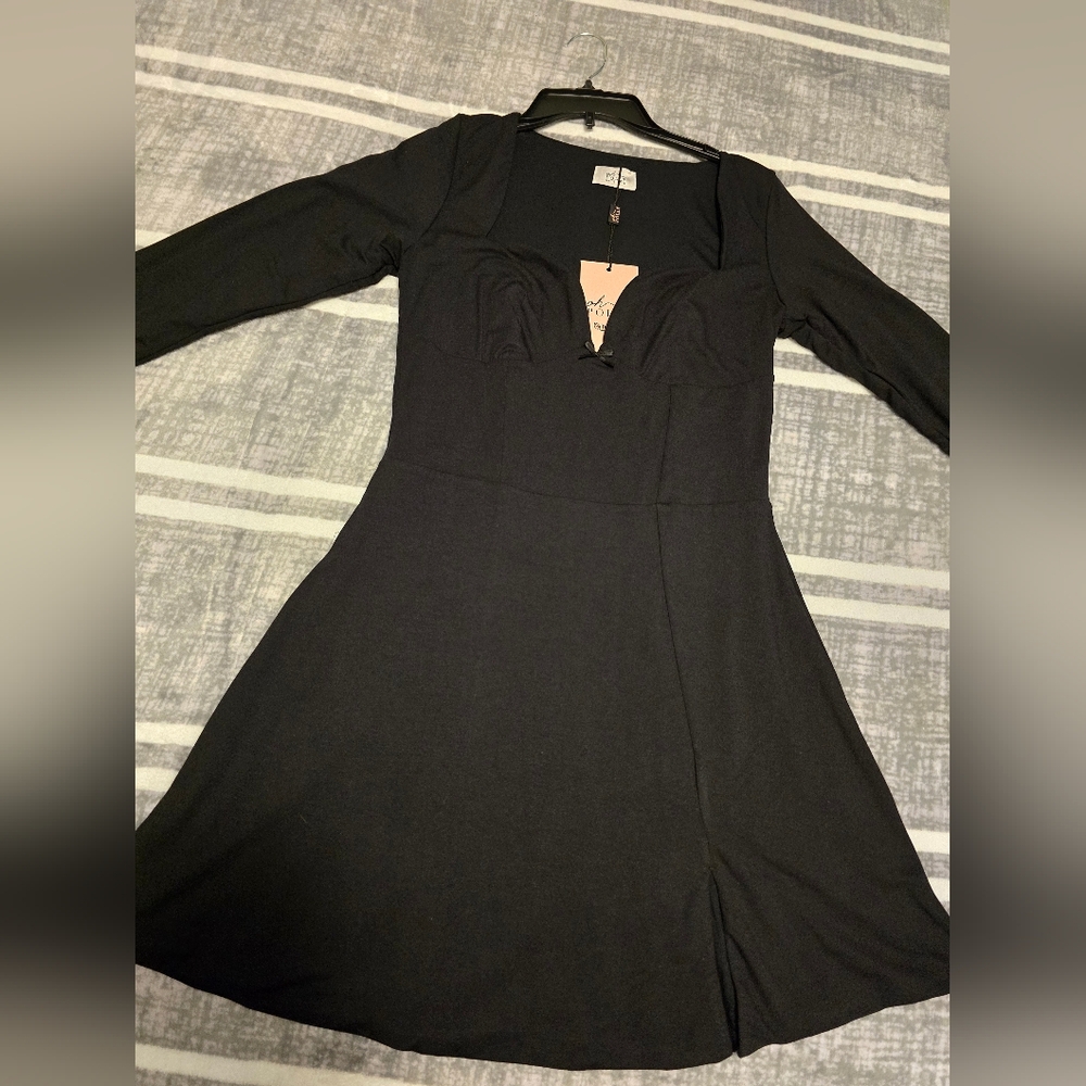 DEVI Modal Bow-Detail Sweetheart-Neck A-line mini dress, black, US 12 UK 16, NWT - Picture 10 of 12